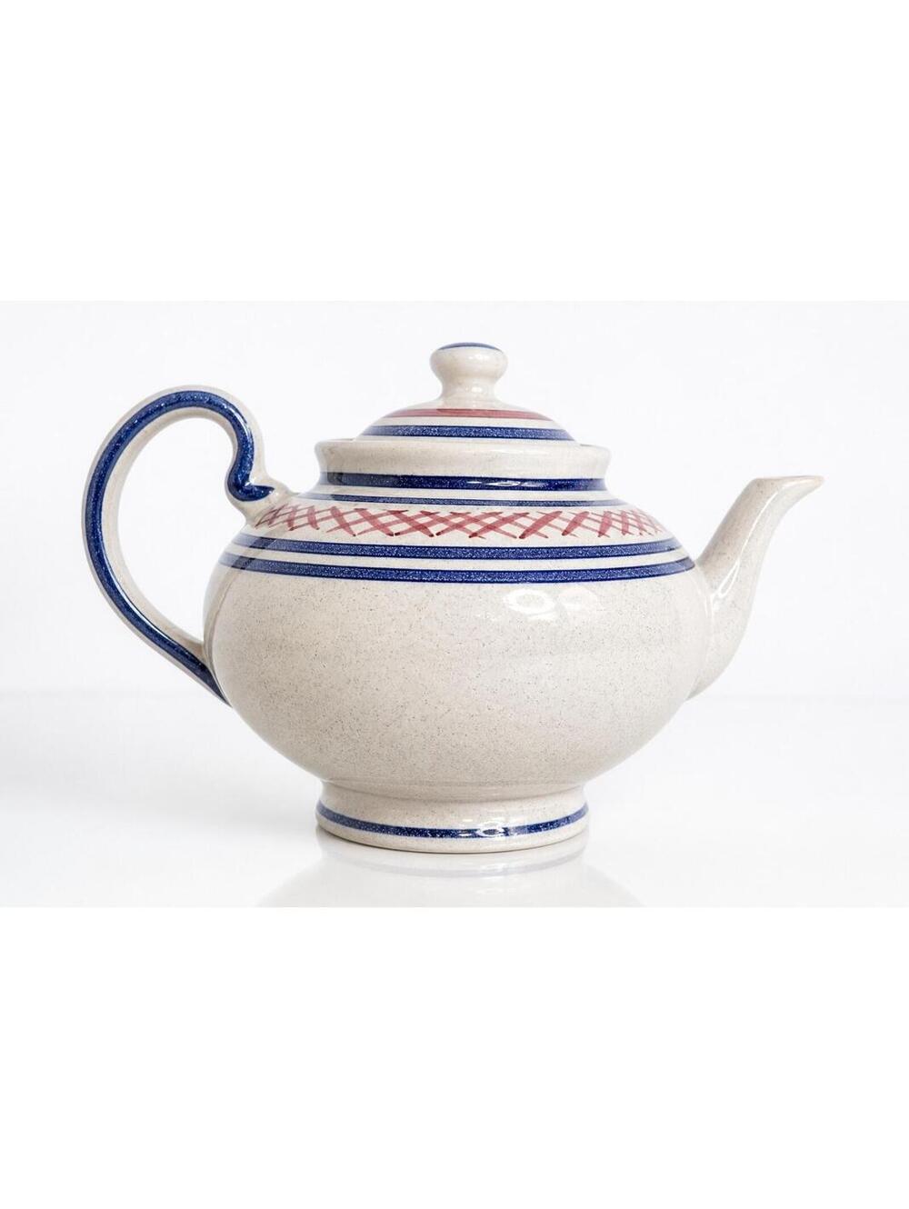 P.V. Italy Ceramic Teapot Beige Blue Red Country Pattern Farmhouse Rustic